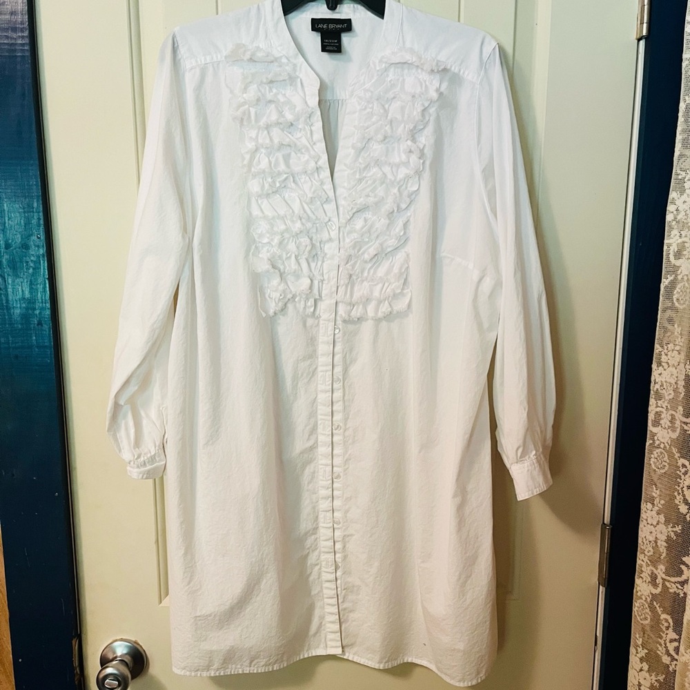 Lane Bryant White Ruffled Button-Up Shirt